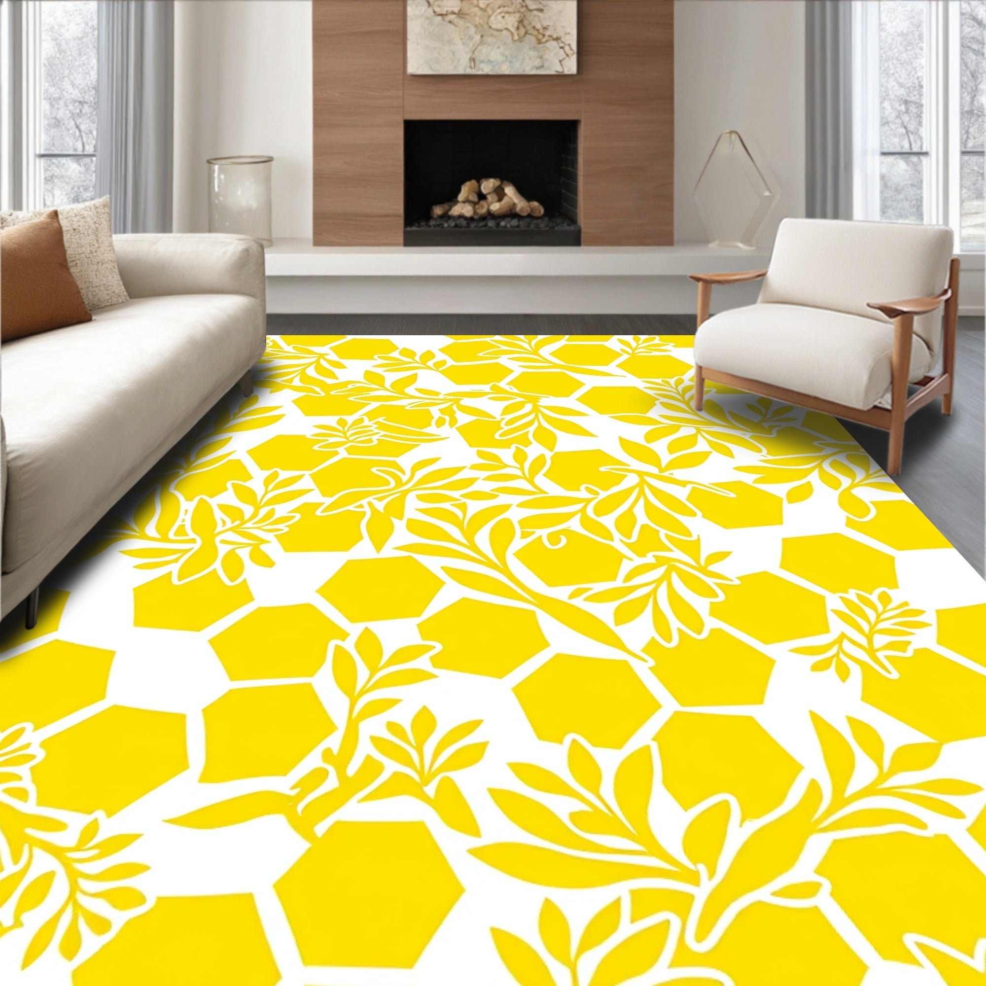 Yellow Hexagon Vine Pattern Rug