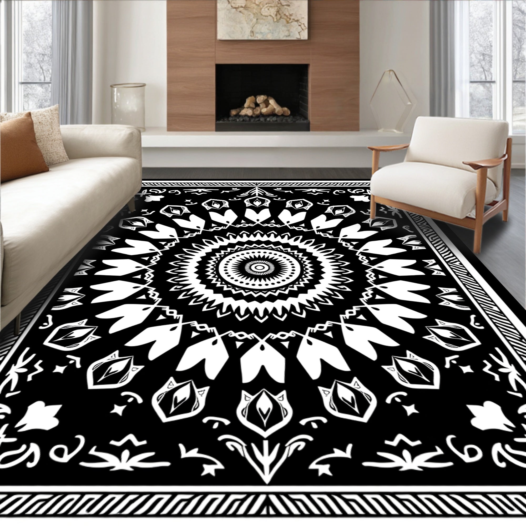 Bold Black White Mandala Design Rug