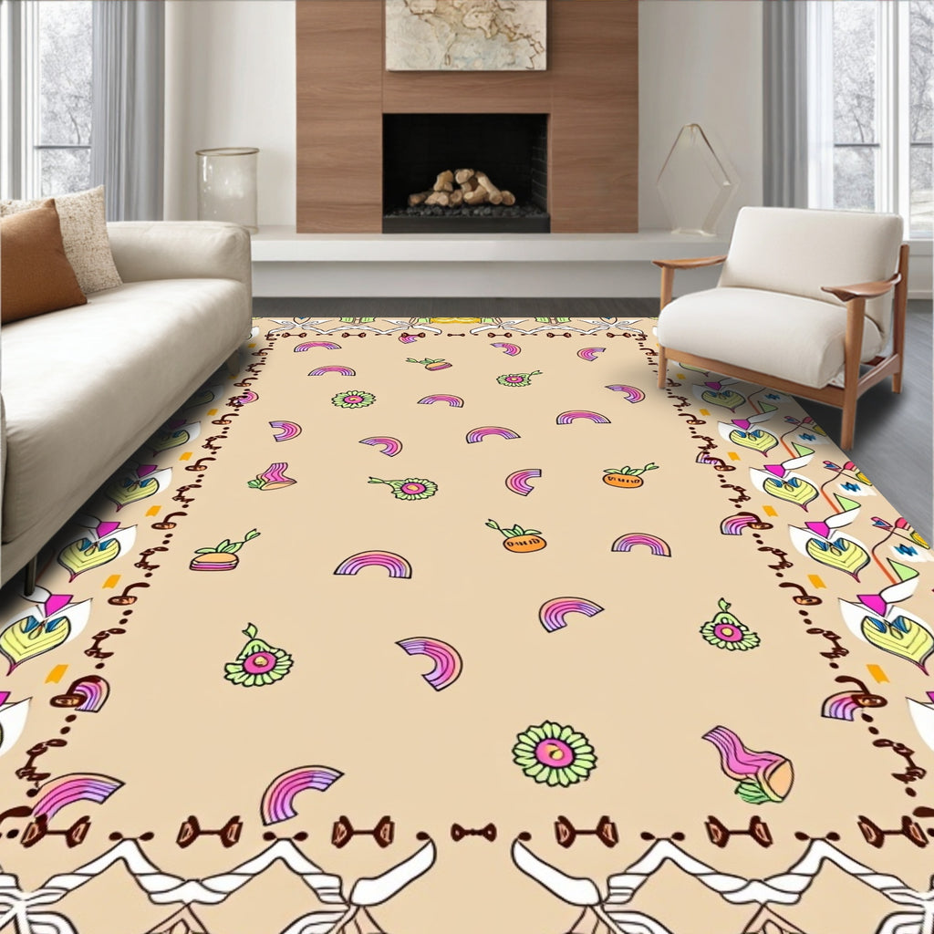 Whimsical Rainbow Flower Border Design Rug
