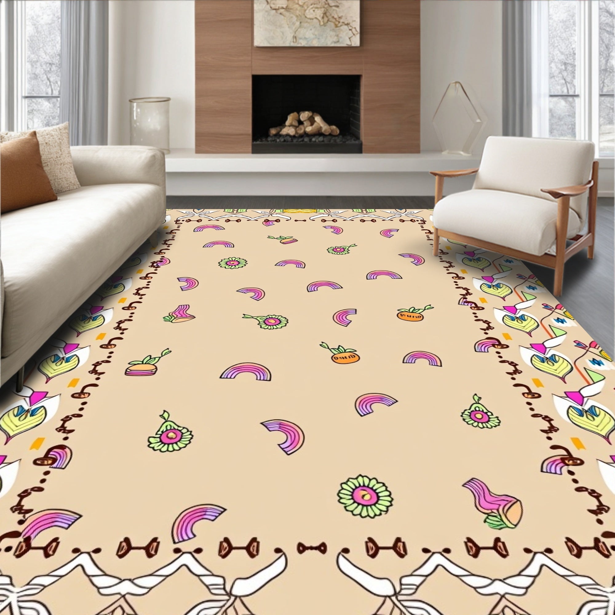 Whimsical Rainbow Flower Border Design Rug
