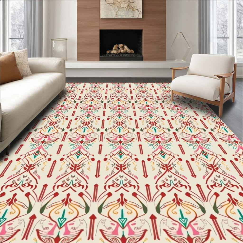 Art Nouveau Cream Red Floral Scroll Rug