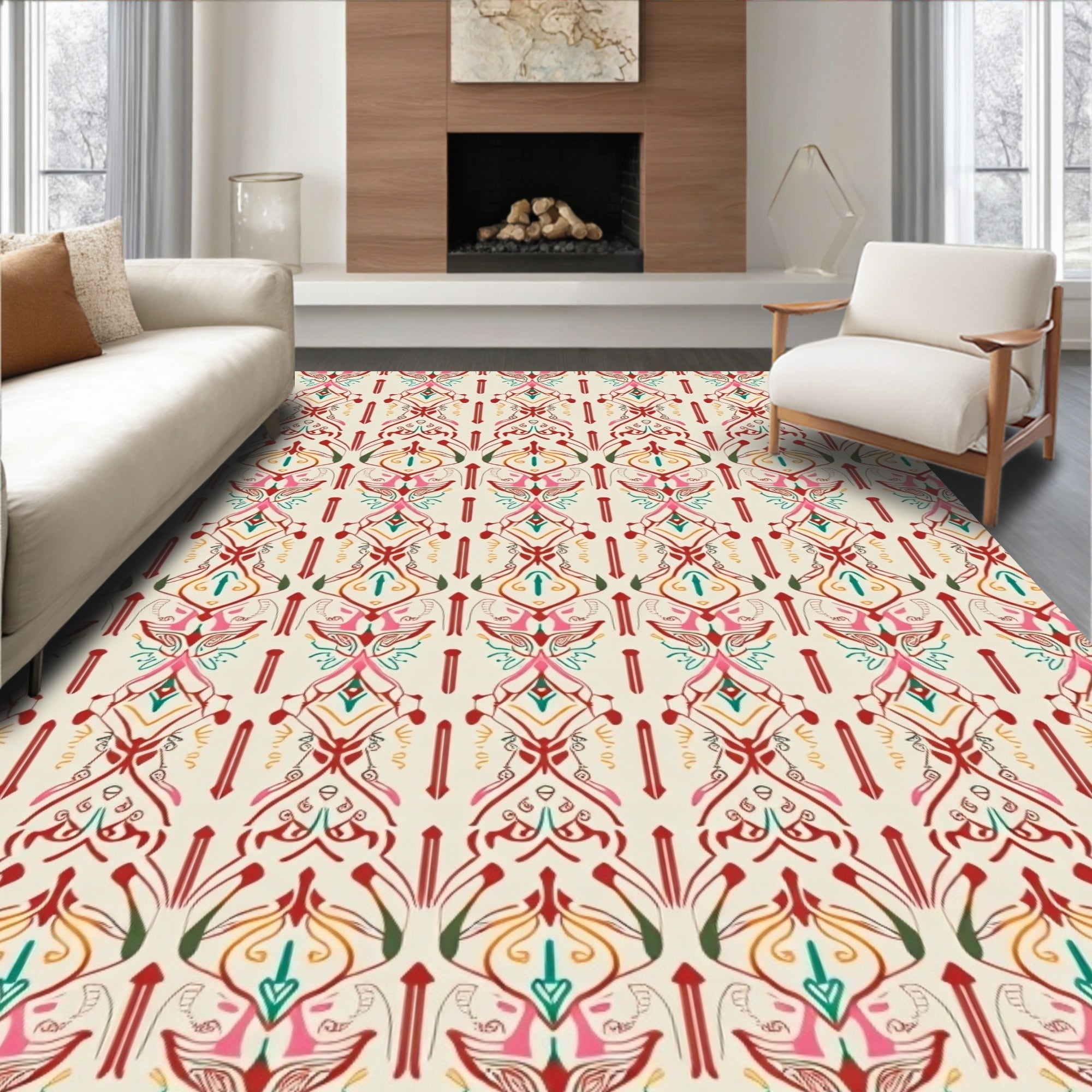 Art Nouveau Cream Red Floral Scroll Rug