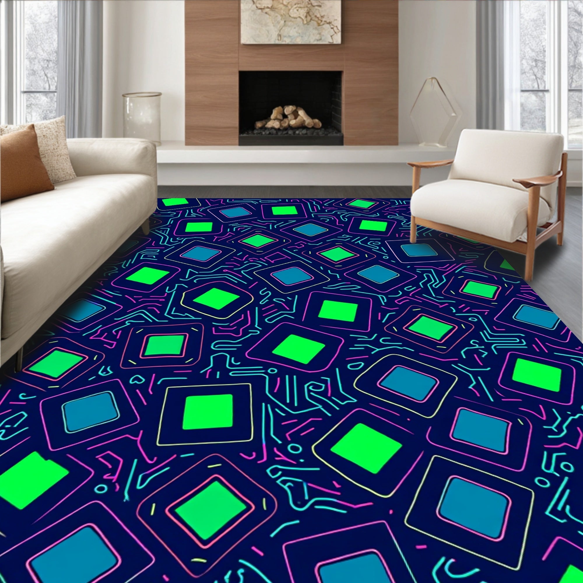 Retro Neon Circuit Squares Design Rug