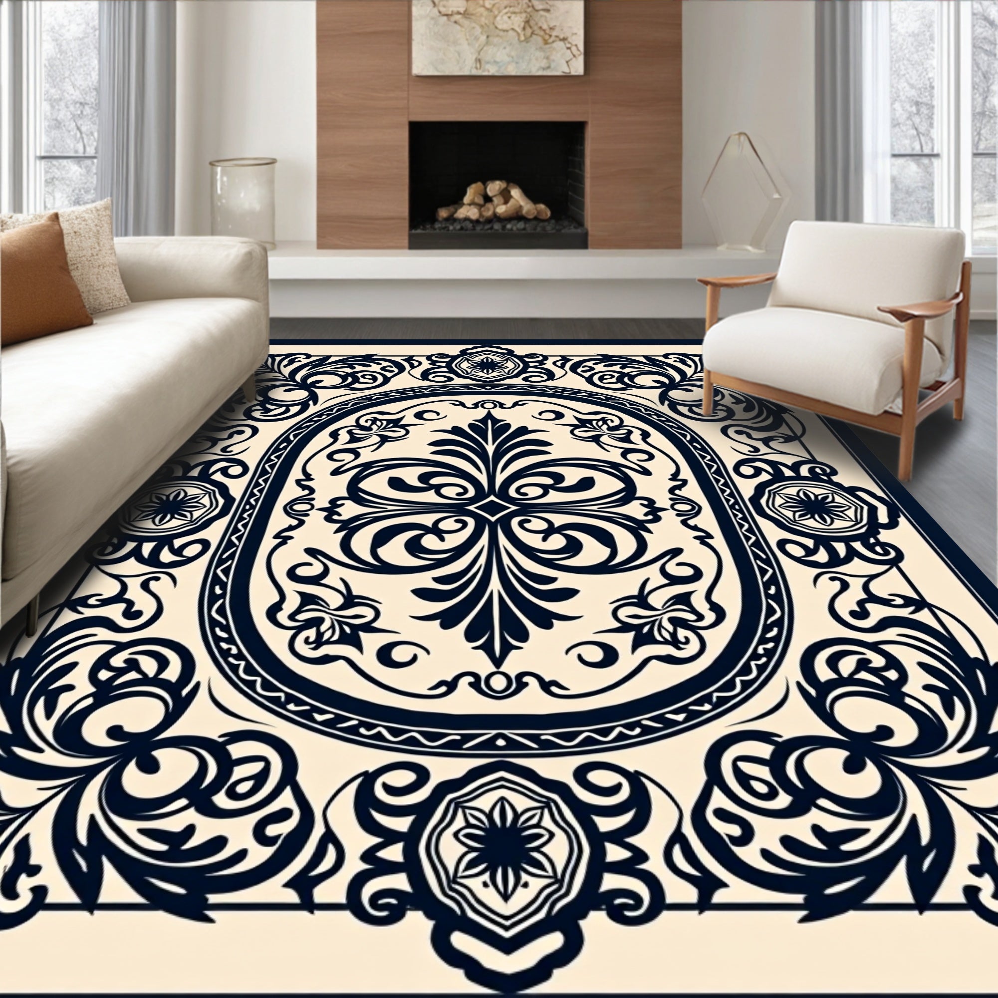 Ornate Floral Scroll Framed Design Rug