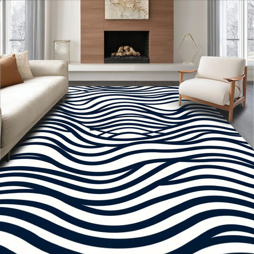 Abstract Navy White Wavy Lines Pattern Rug