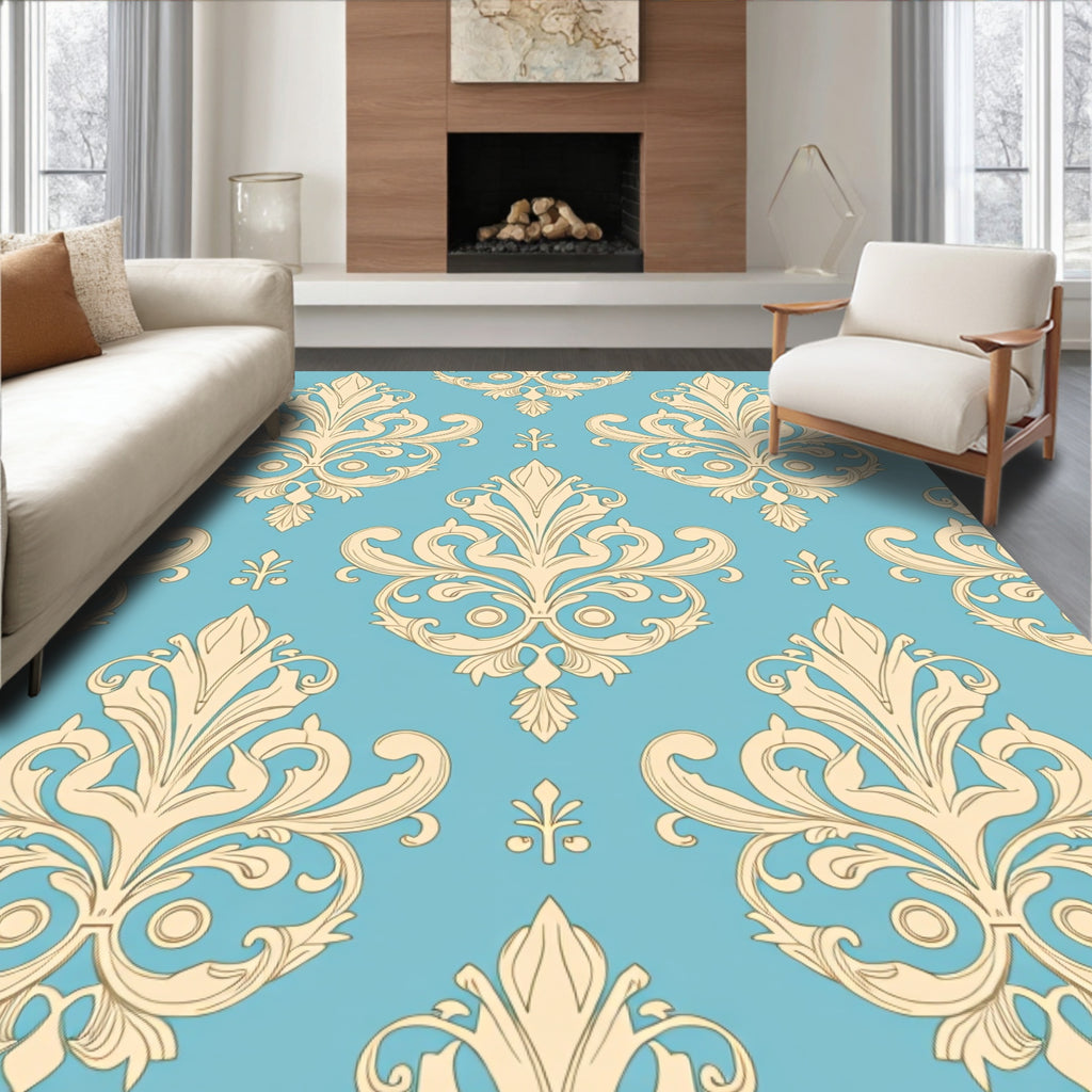 Blue Cream Baroque Scroll Pattern Rug