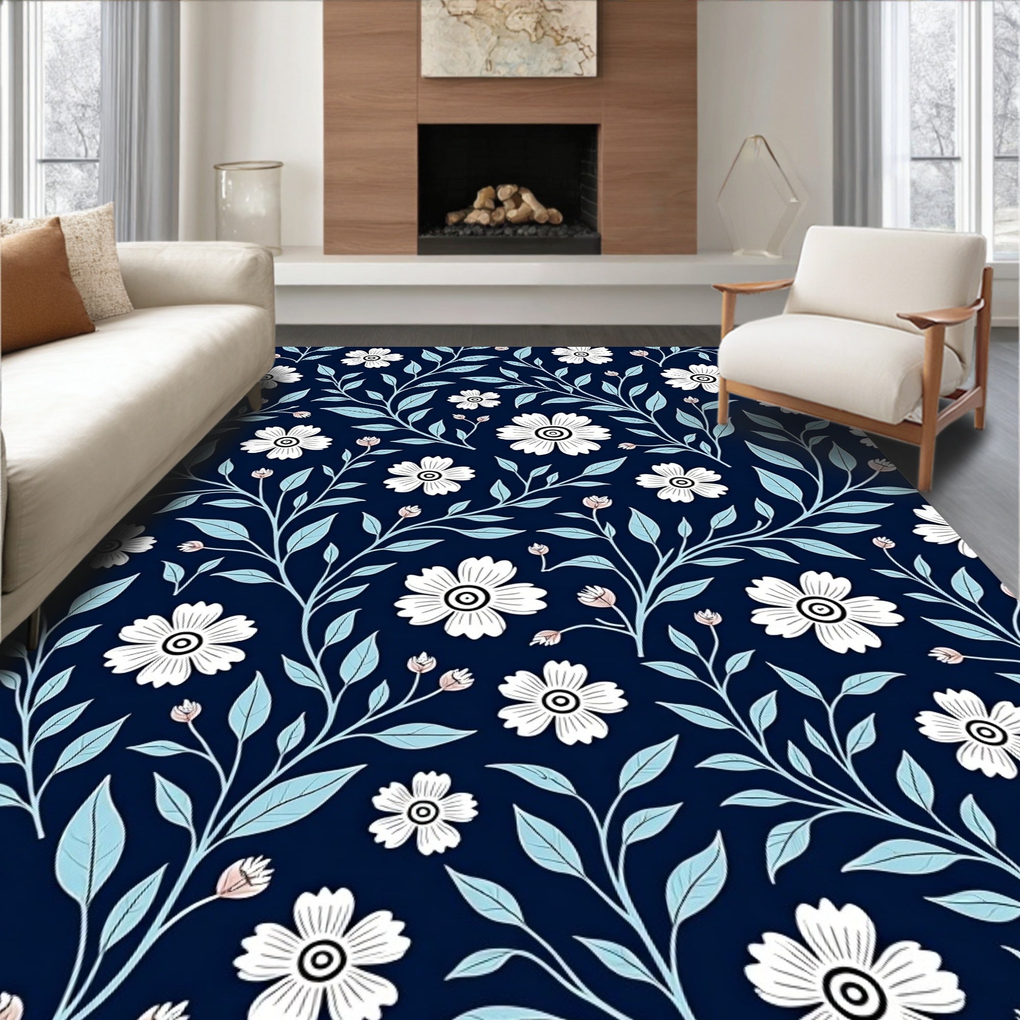 Classic Floral Pattern on Navy Rug