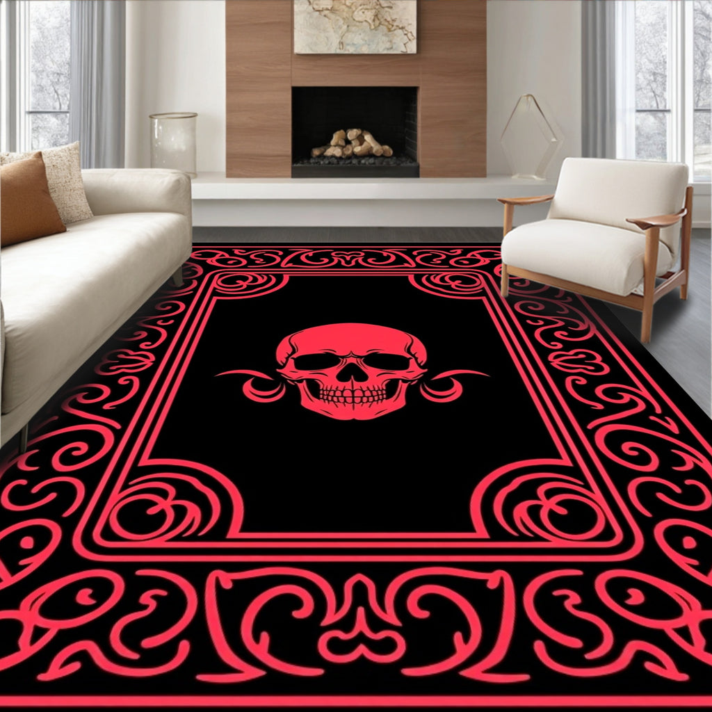 Bold Crimson Skull Ornate Frame Rug