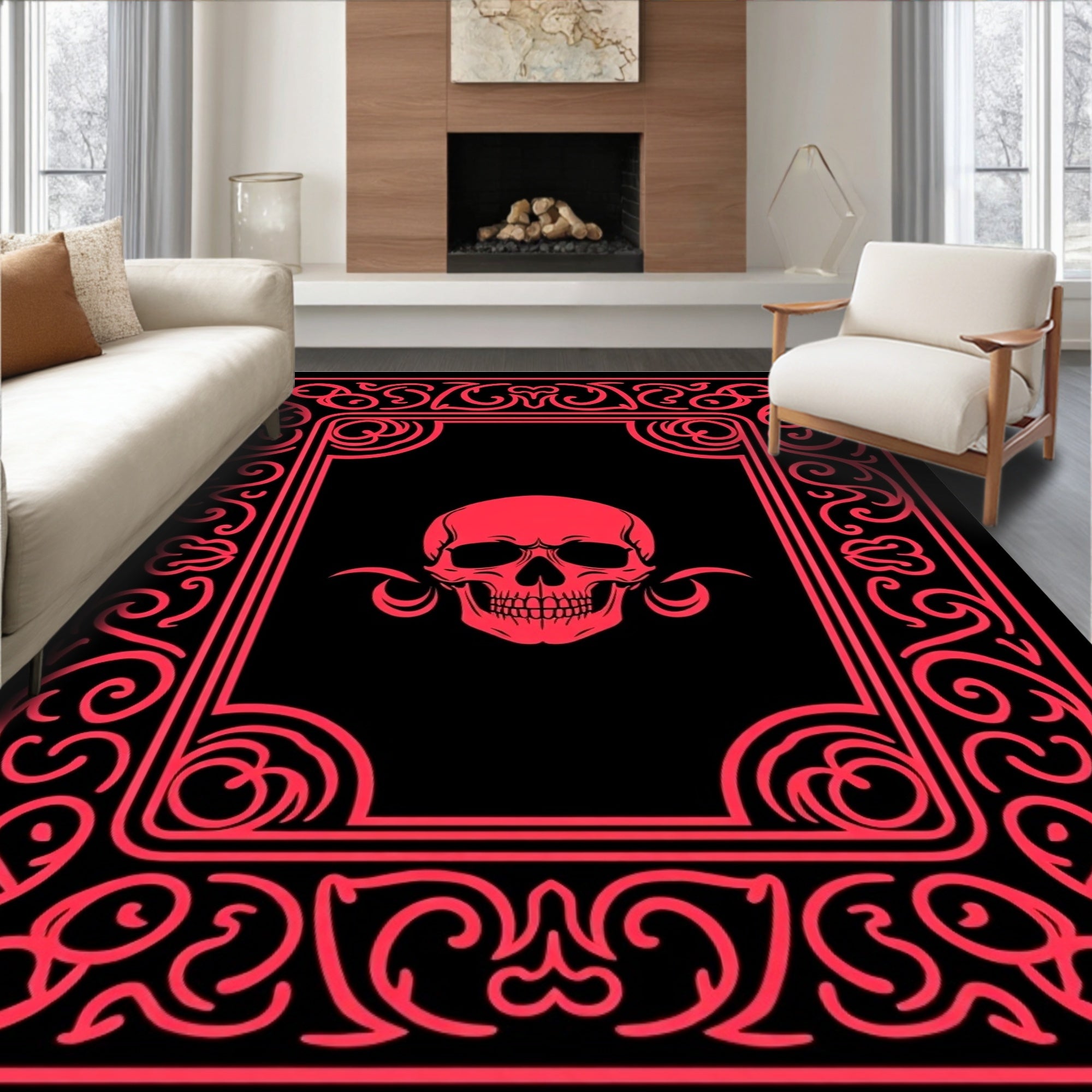 Bold Crimson Skull Ornate Frame Rug