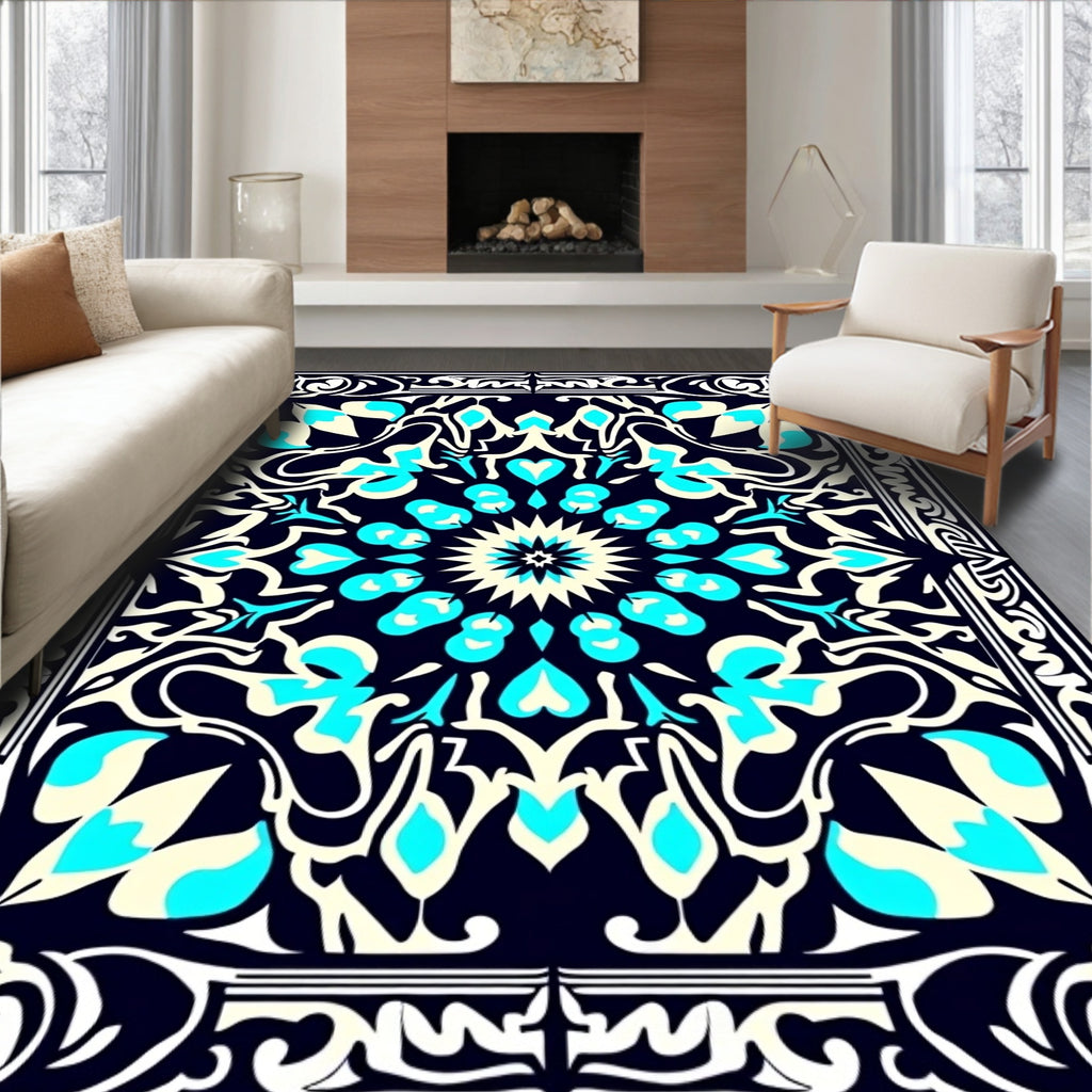 Ornate Teal Cream Mandala Rug