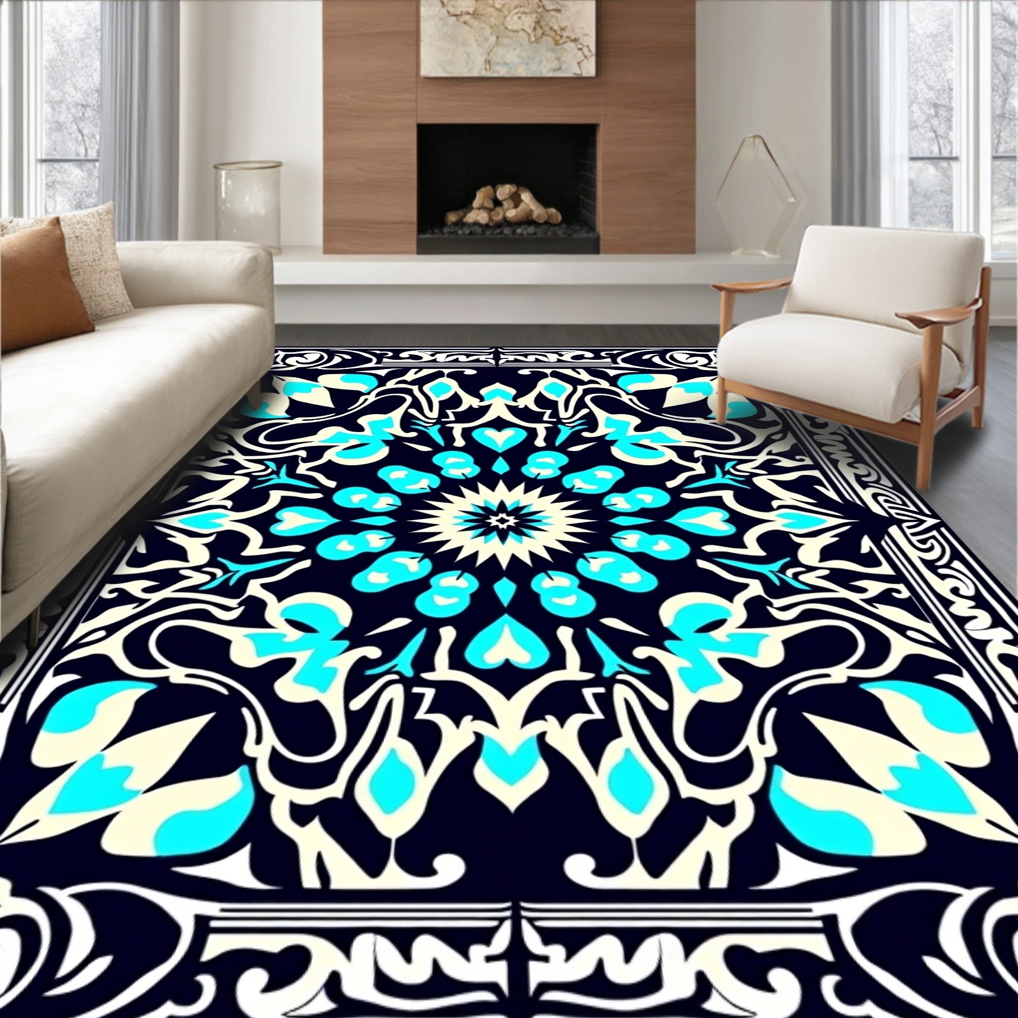 Ornate Teal Cream Mandala Rug