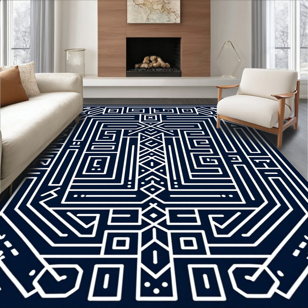 Intricate Geometric Maze White On Navy Rug