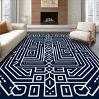 Intricate Geometric Maze White On Navy Rug