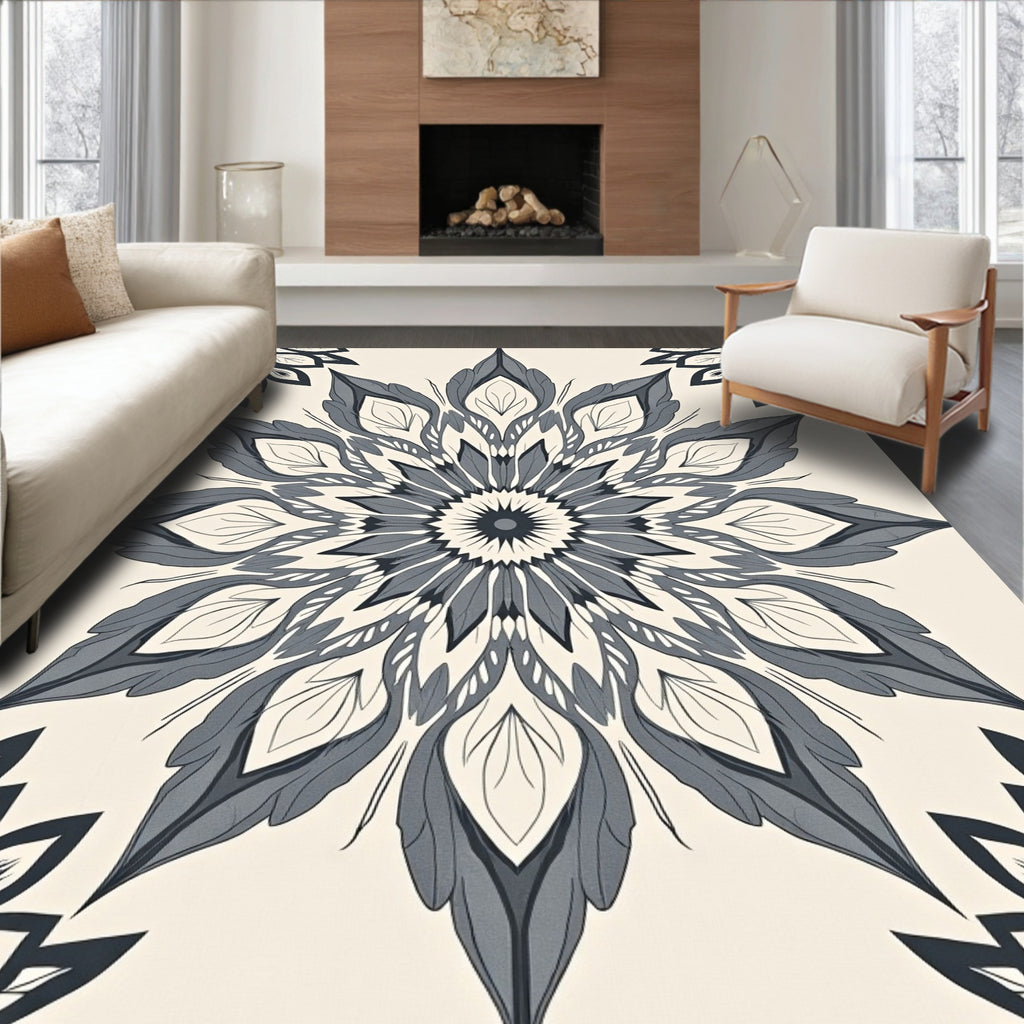 Dark Gray And White Mandala Pattern Rug