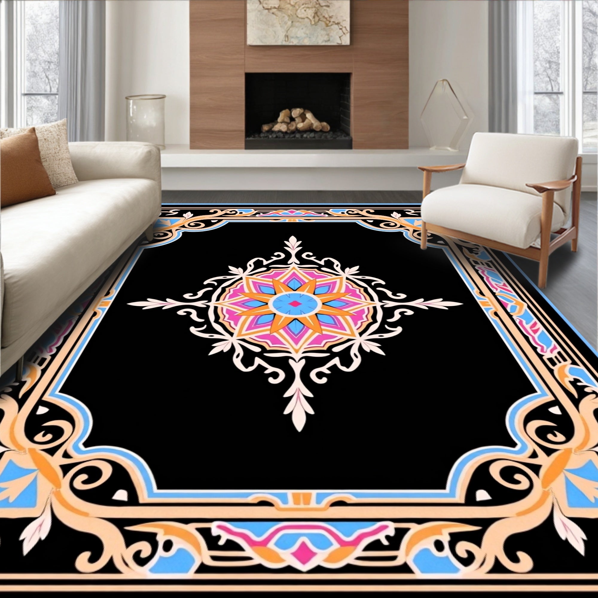 Vibrant Floral Medallion Frame Design Rug