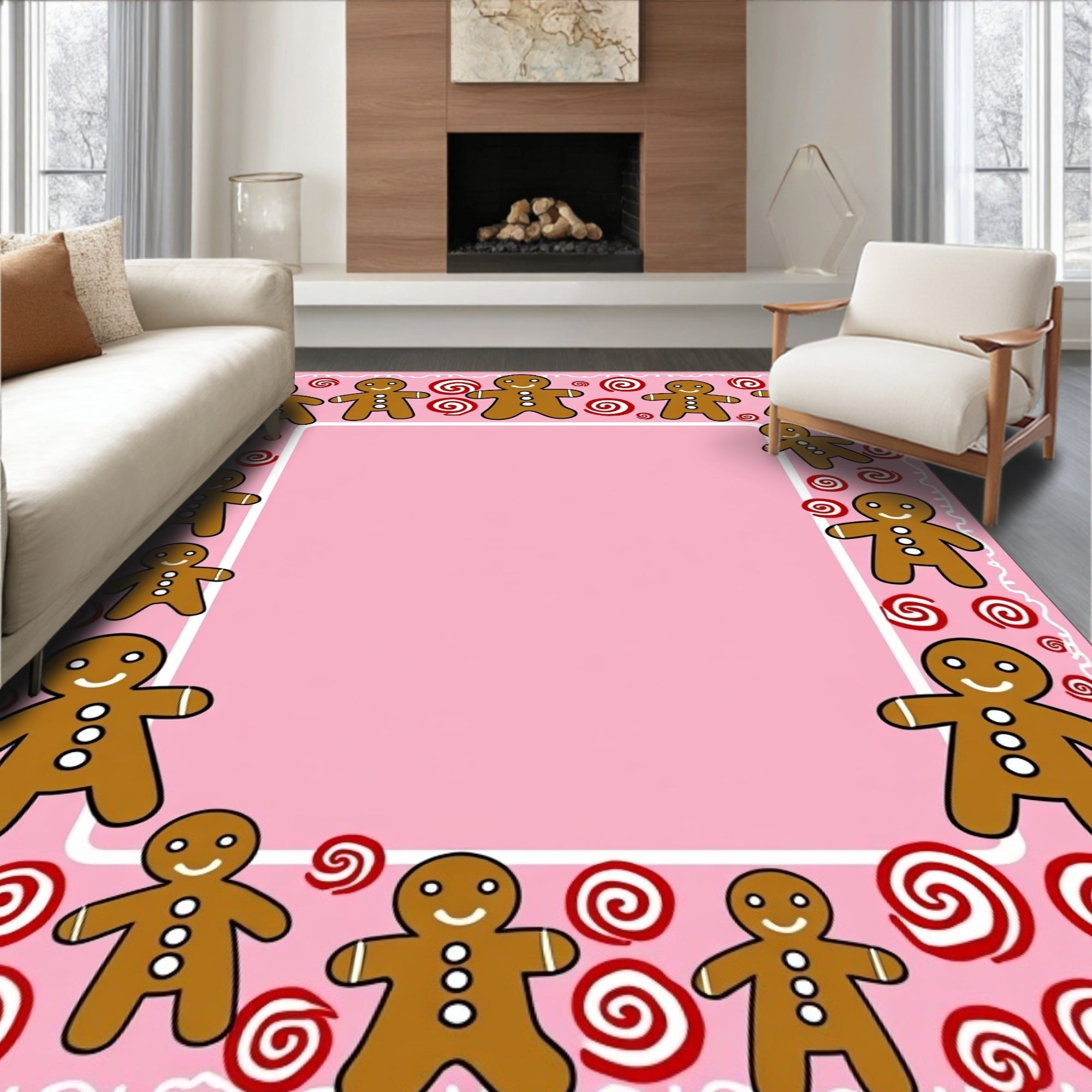 Pink Gingerbread Man Swirl Border Rug