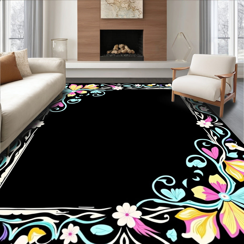 Vibrant Floral Swirls Border Pattern Rug