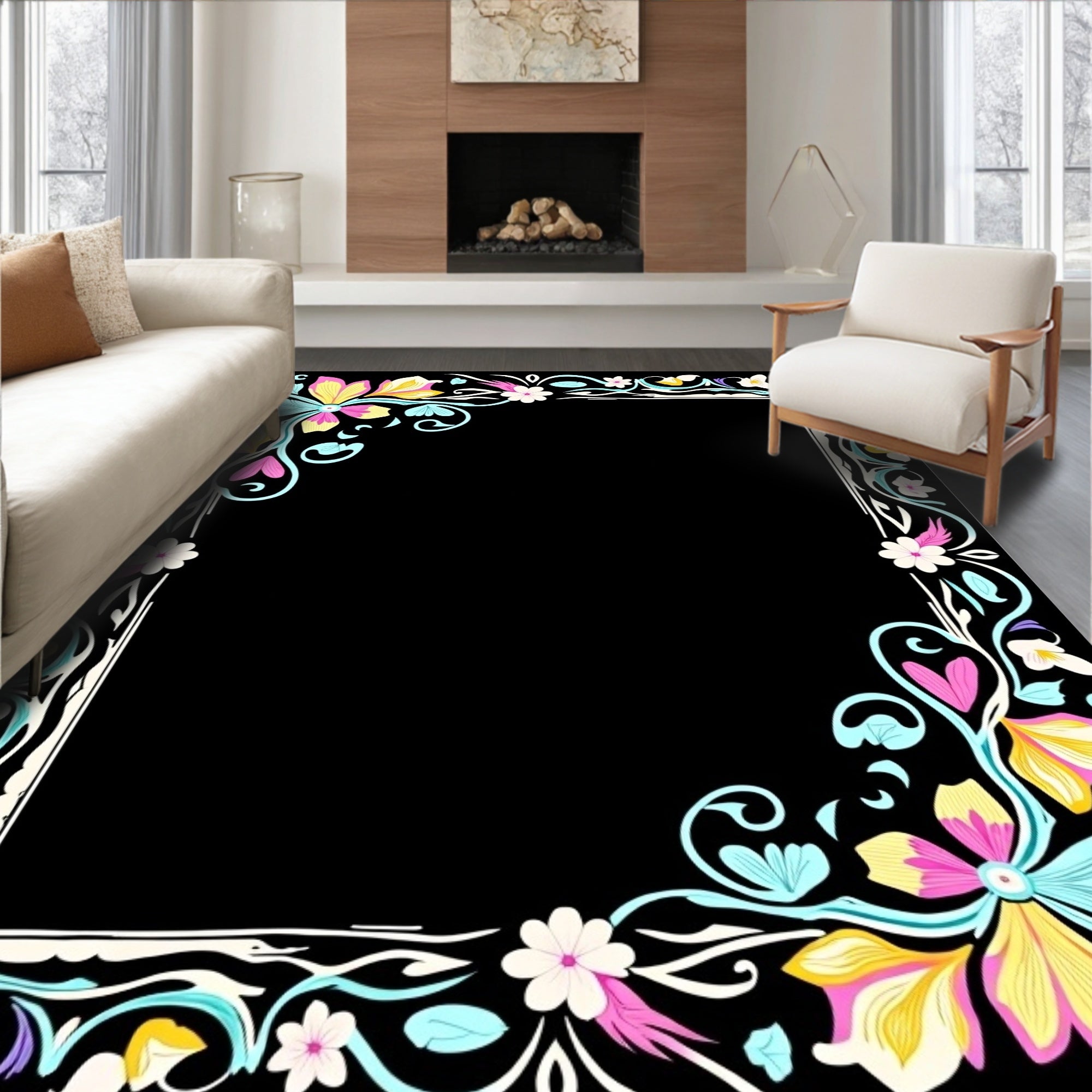 Vibrant Floral Swirls Border Pattern Rug