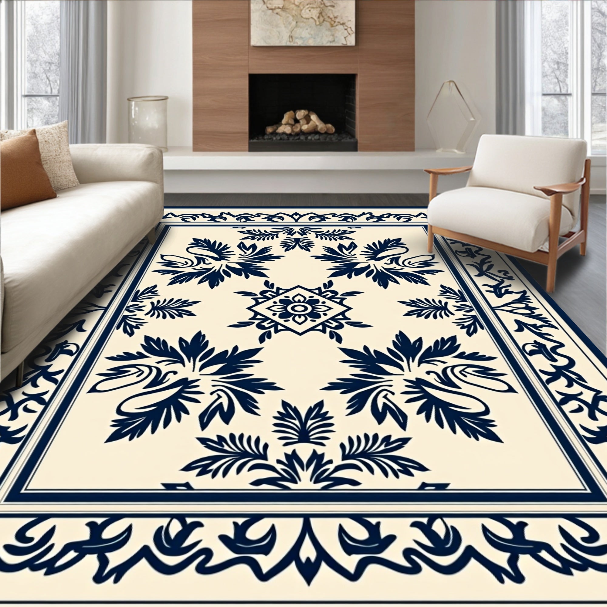 Classic Blue Cream Floral Medallion Rug