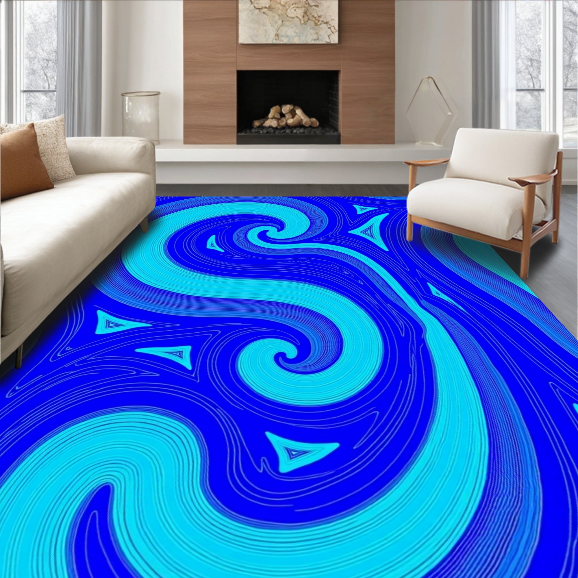 Abstract Swirl Triangles Blue Rug