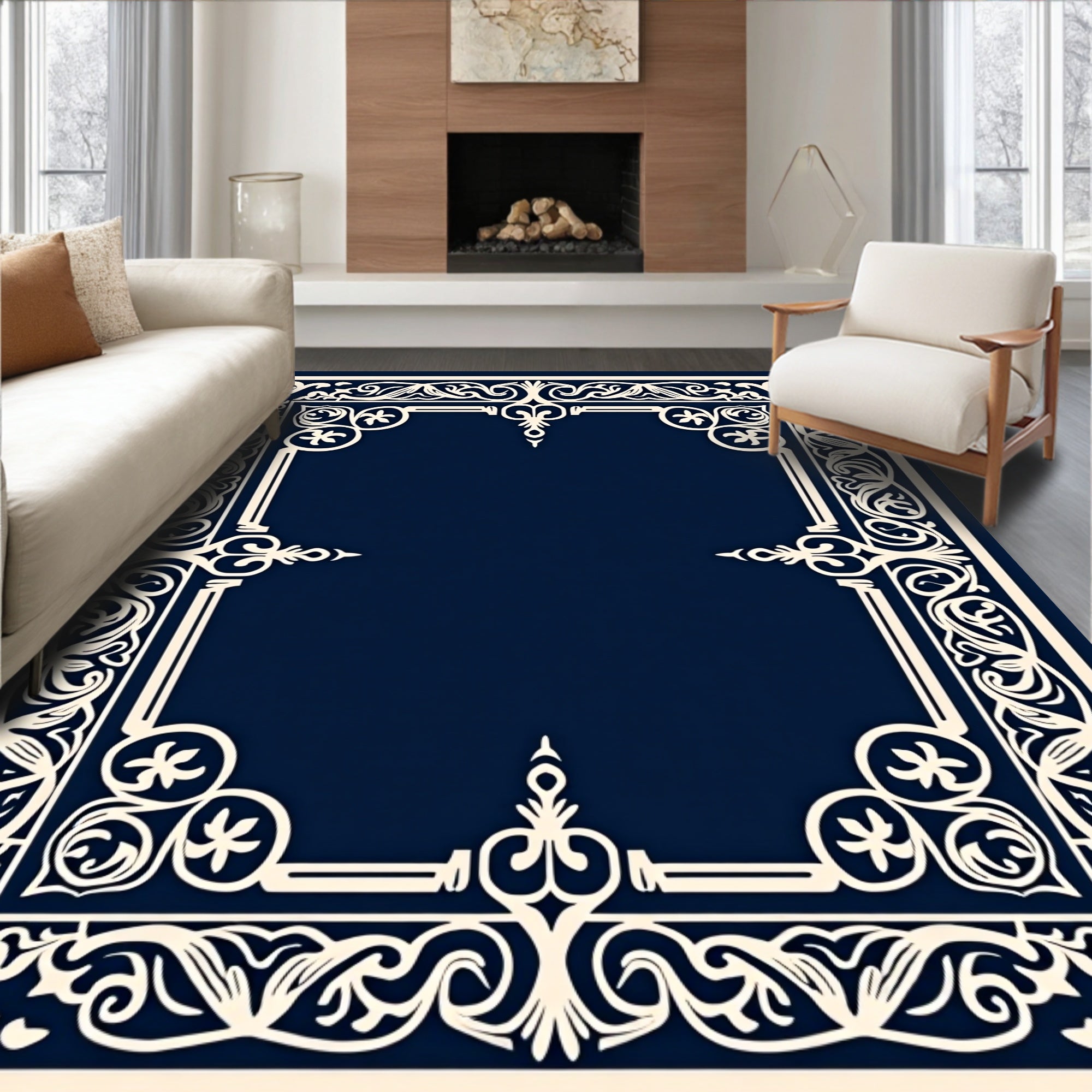 Intricate Floral Border Cream Design Rug