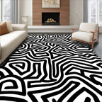 Bold Black White Abstract Maze Pattern Rug