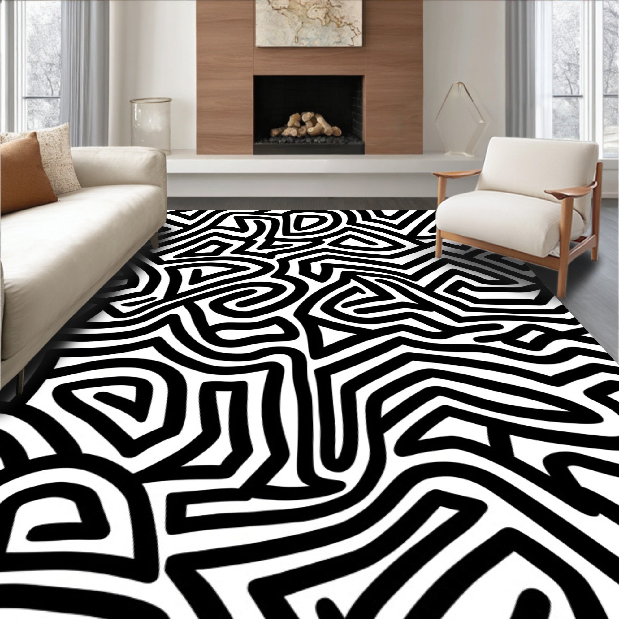 Bold Black White Abstract Maze Pattern Rug