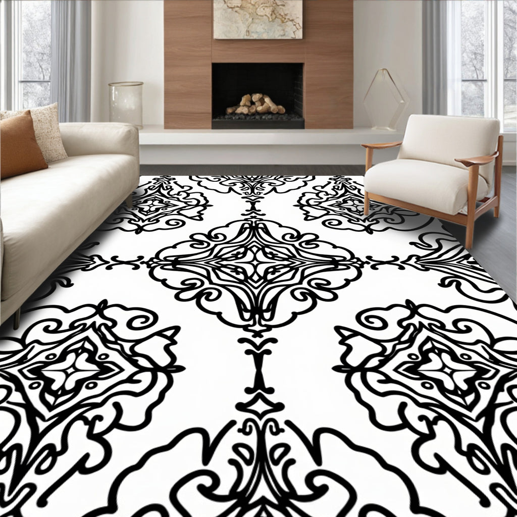 Black White Classic Damask Pattern Rug