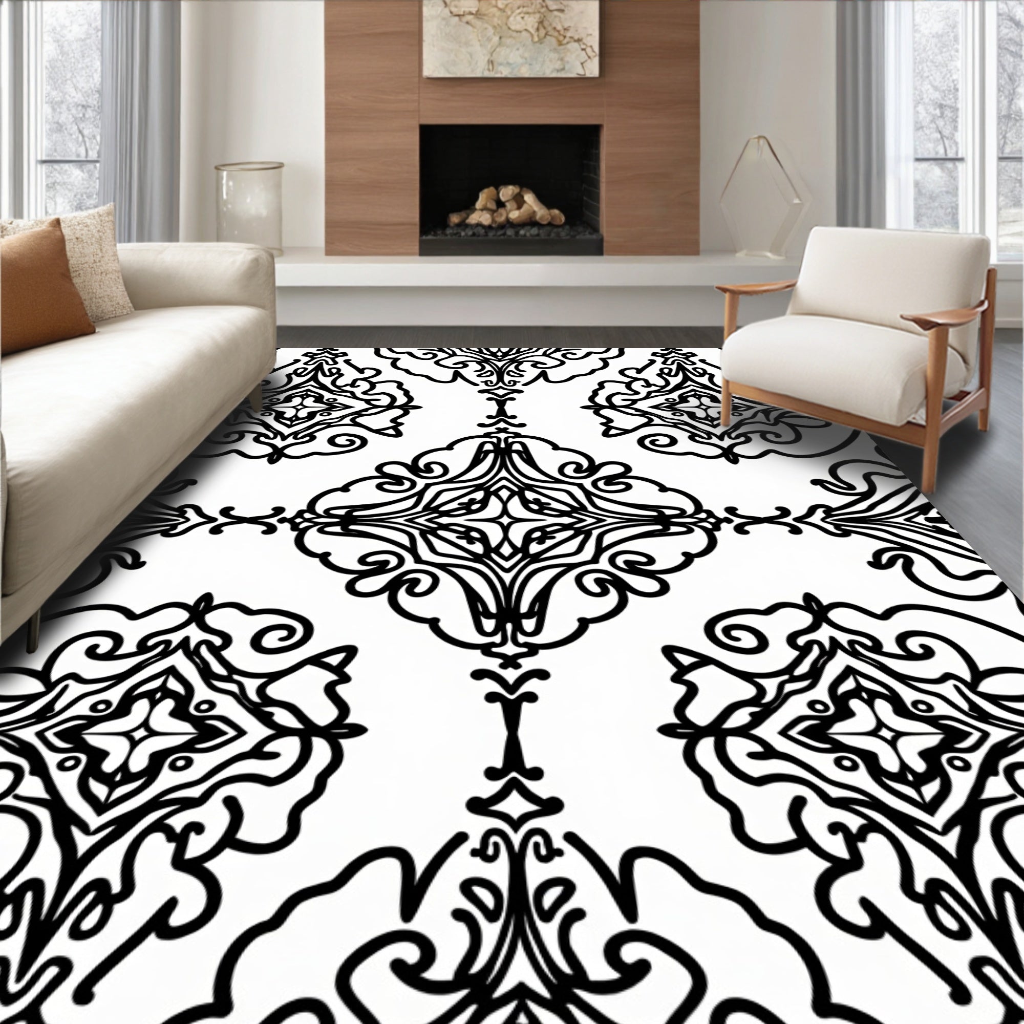 Black White Classic Damask Pattern Rug