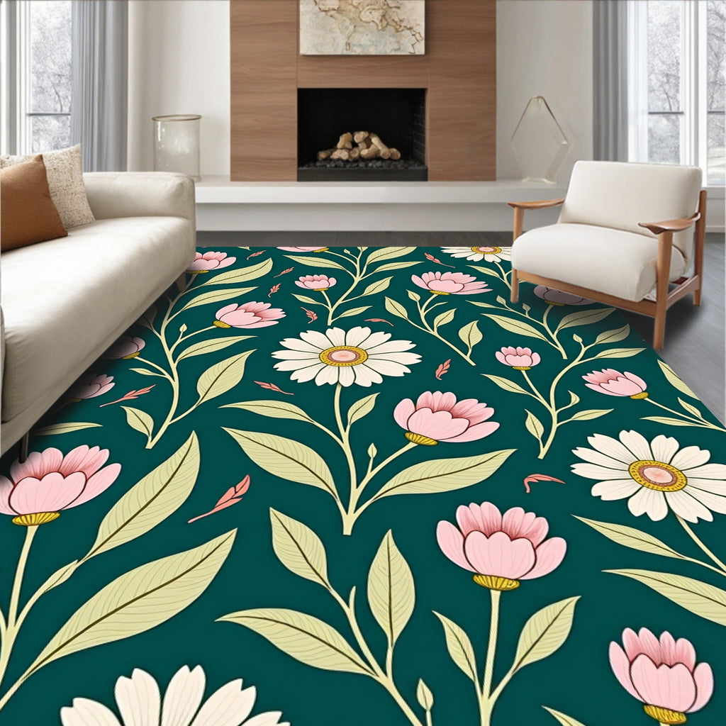 Dark Green Floral Botanical Vintage Design Rug