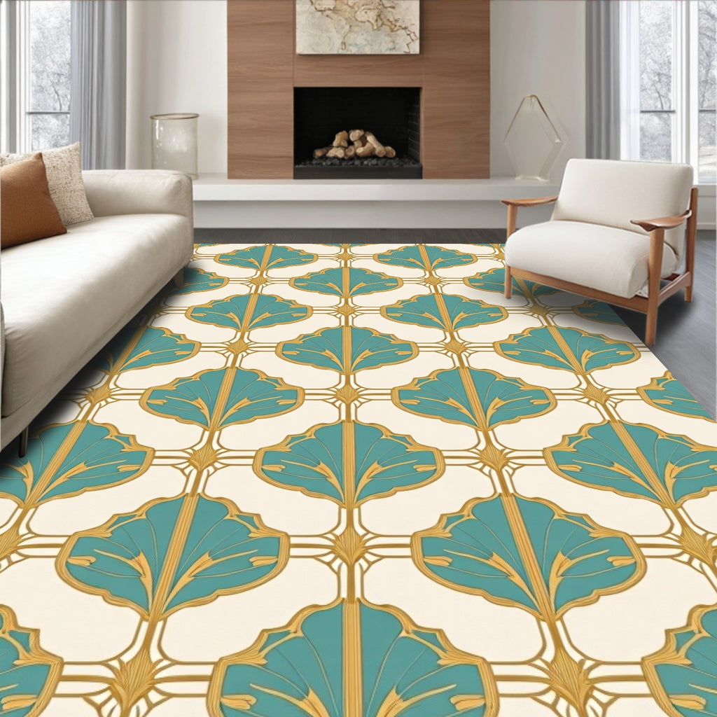 Teal Gold Art Deco Fan Pattern Rug