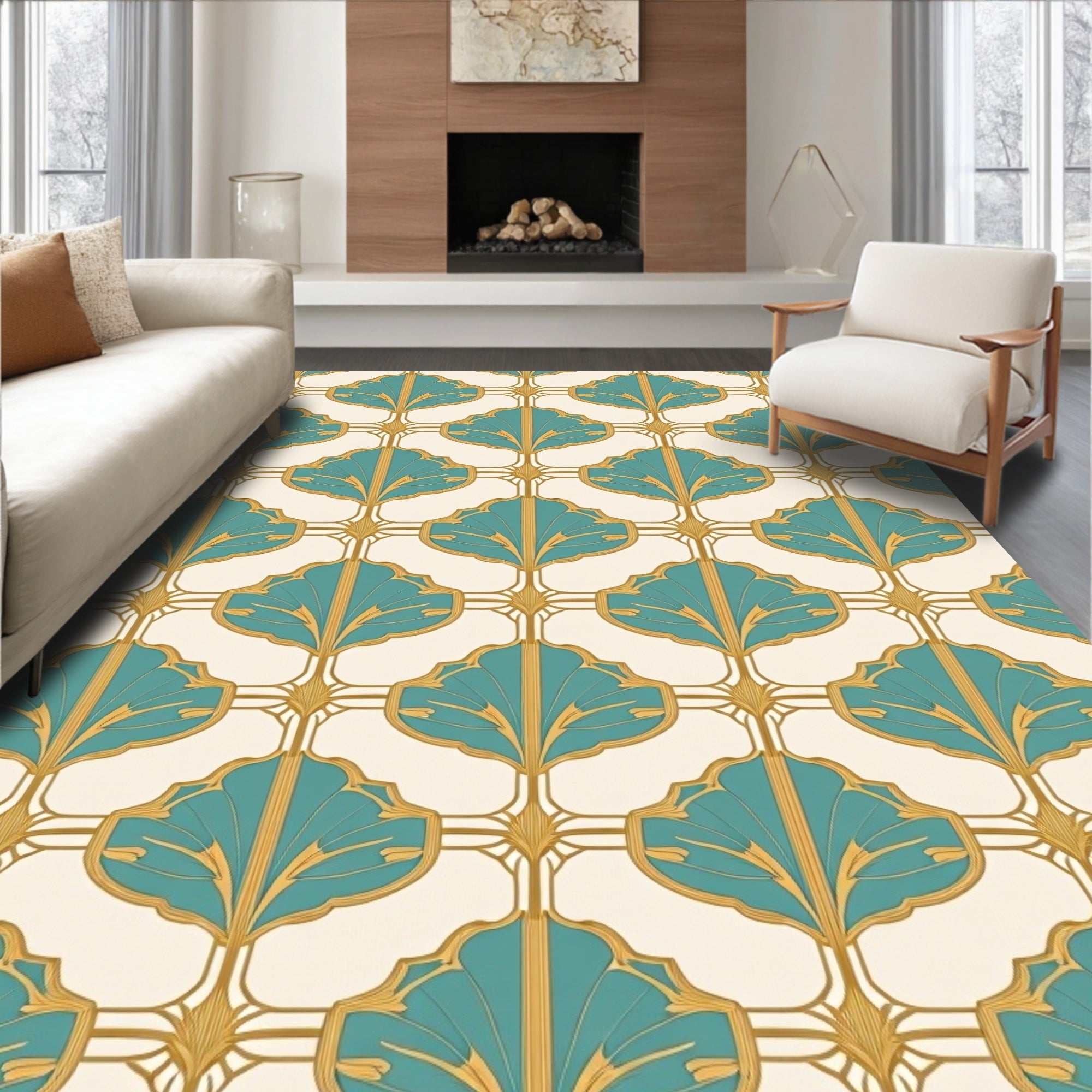 Teal Gold Art Deco Fan Pattern Rug