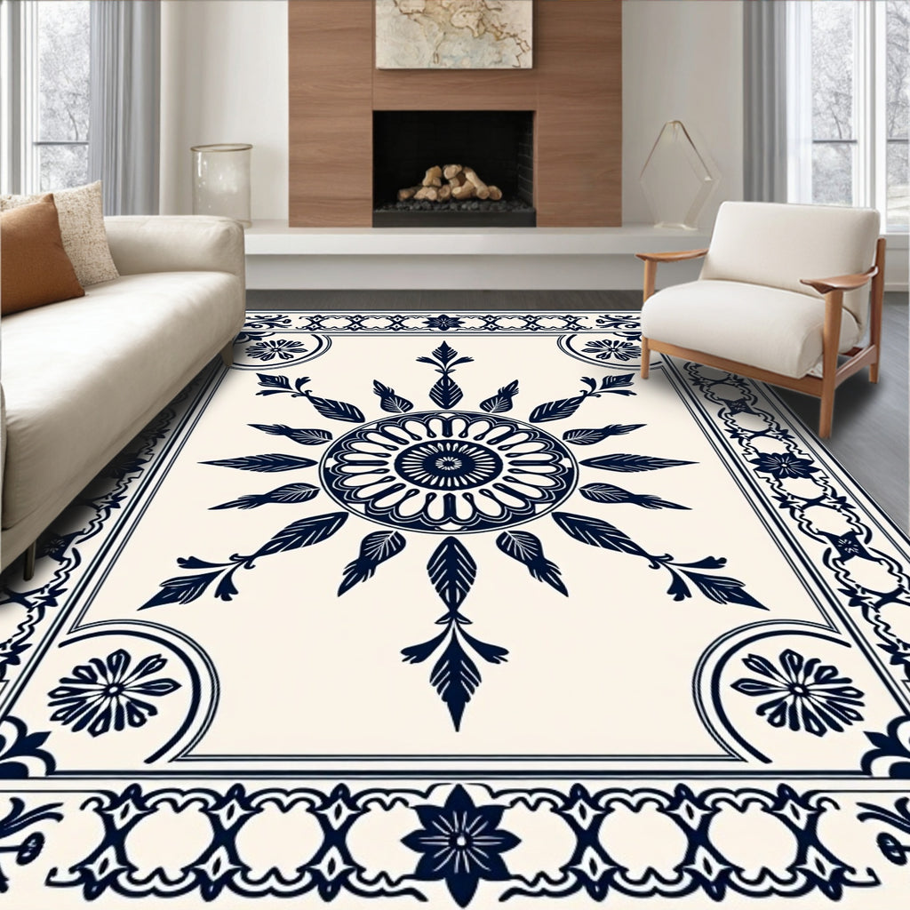 Navy Blue Floral Medallion Border Rug
