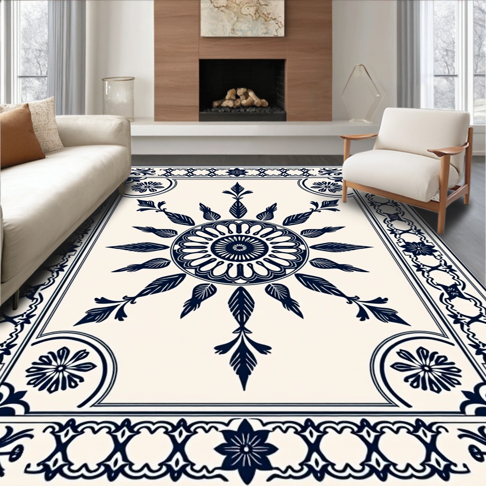 Navy Blue Floral Medallion Border Rug