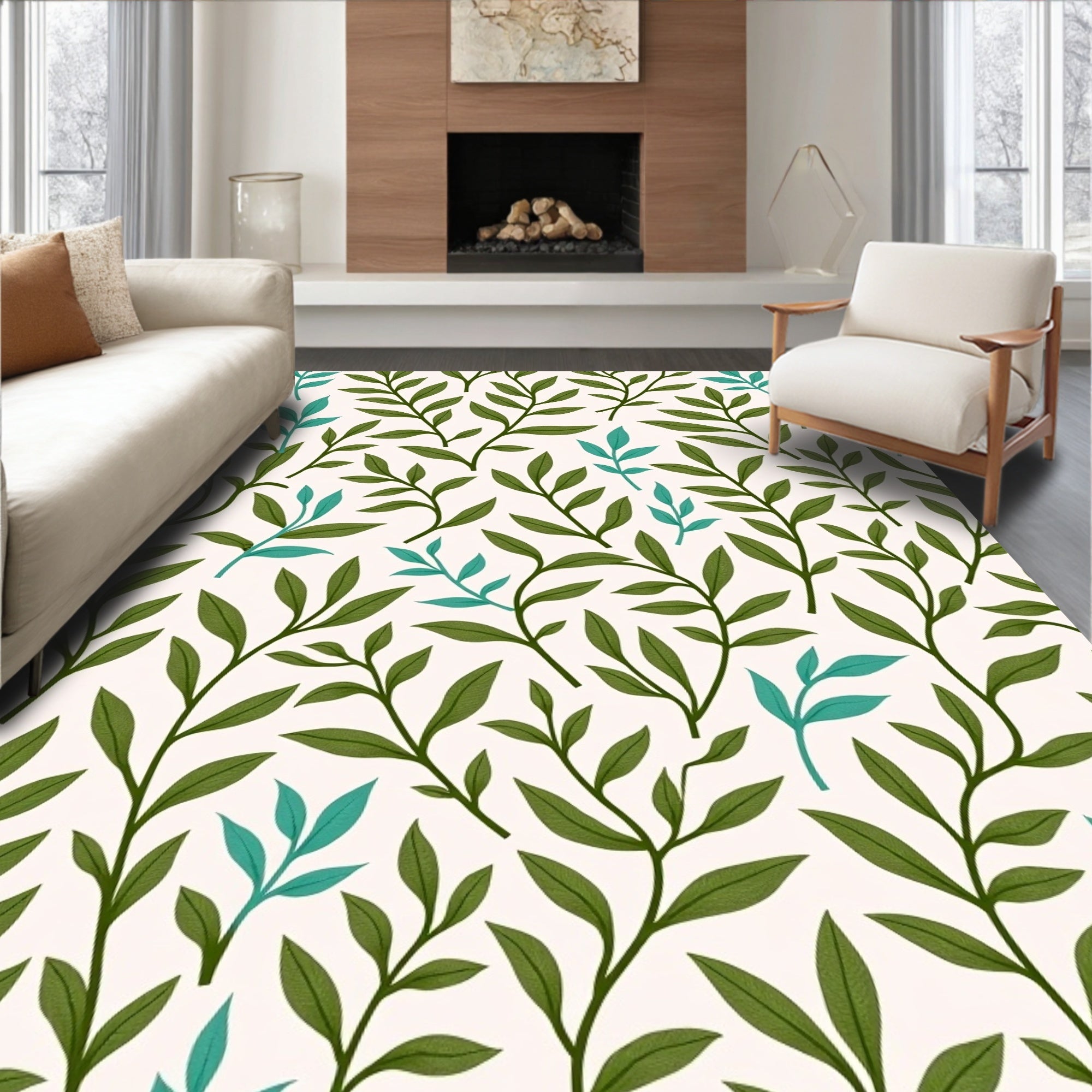 Green Leafy Branches Pattern Rug