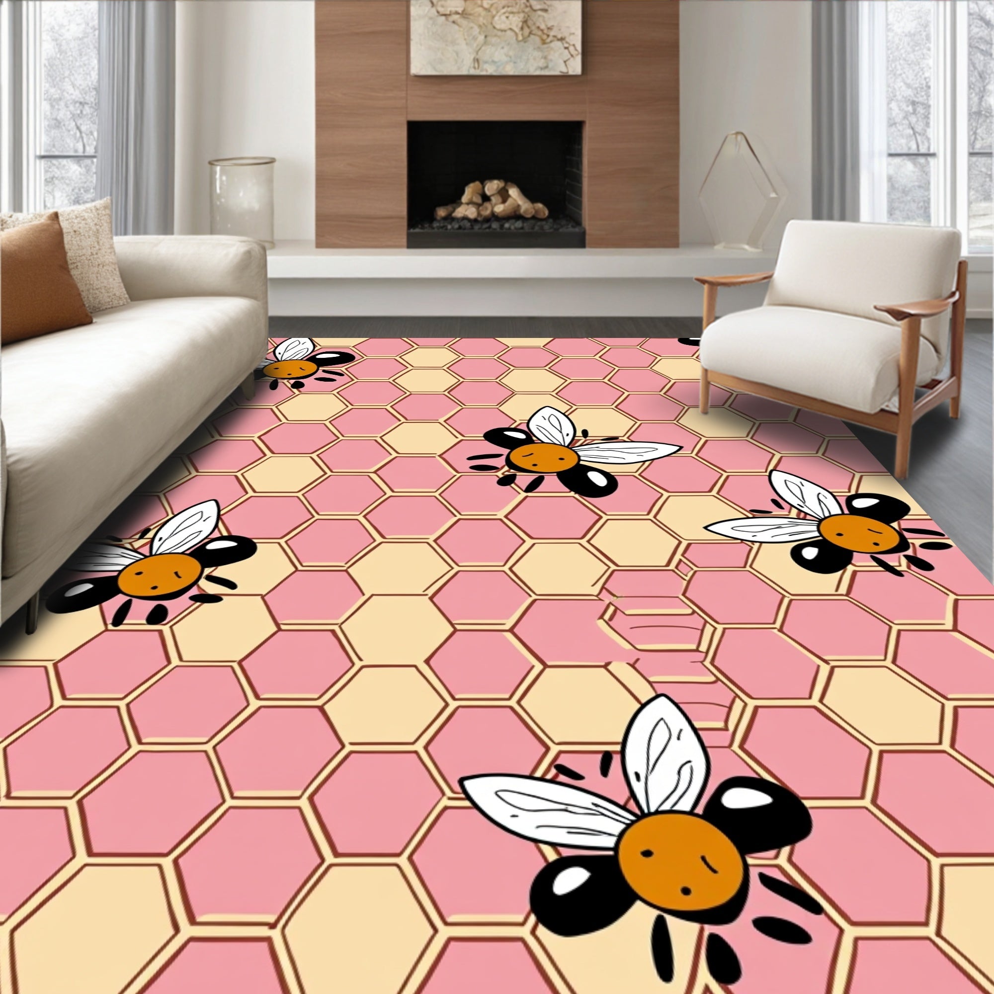 Cute Bee Honeycomb Pattern Design Rug