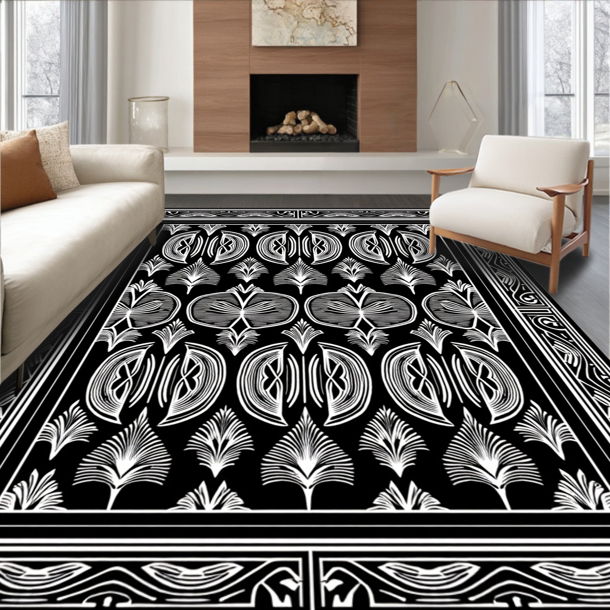 Abstract Black White Repeating Motif Rug