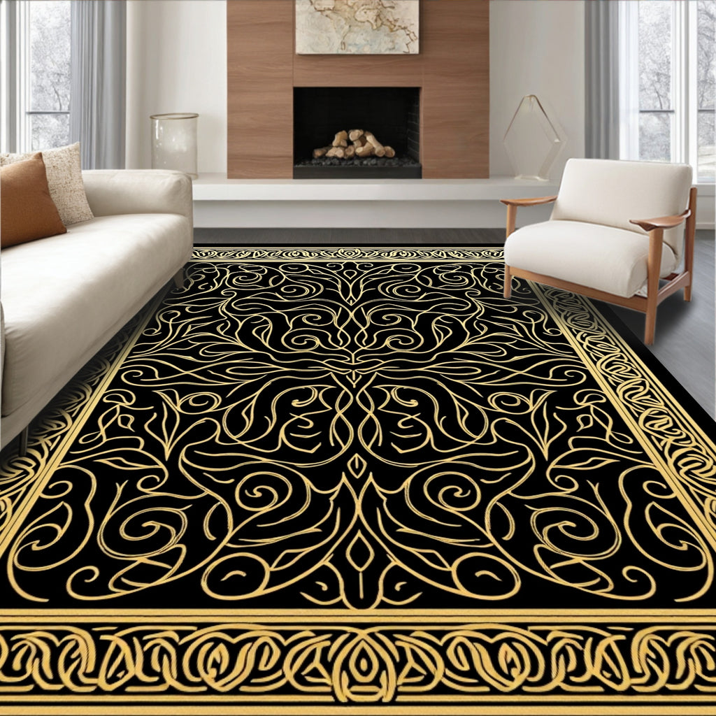 Ornate Black Gold Scroll Art Rug