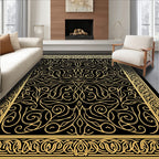 Ornate Black Gold Scroll Art Rug