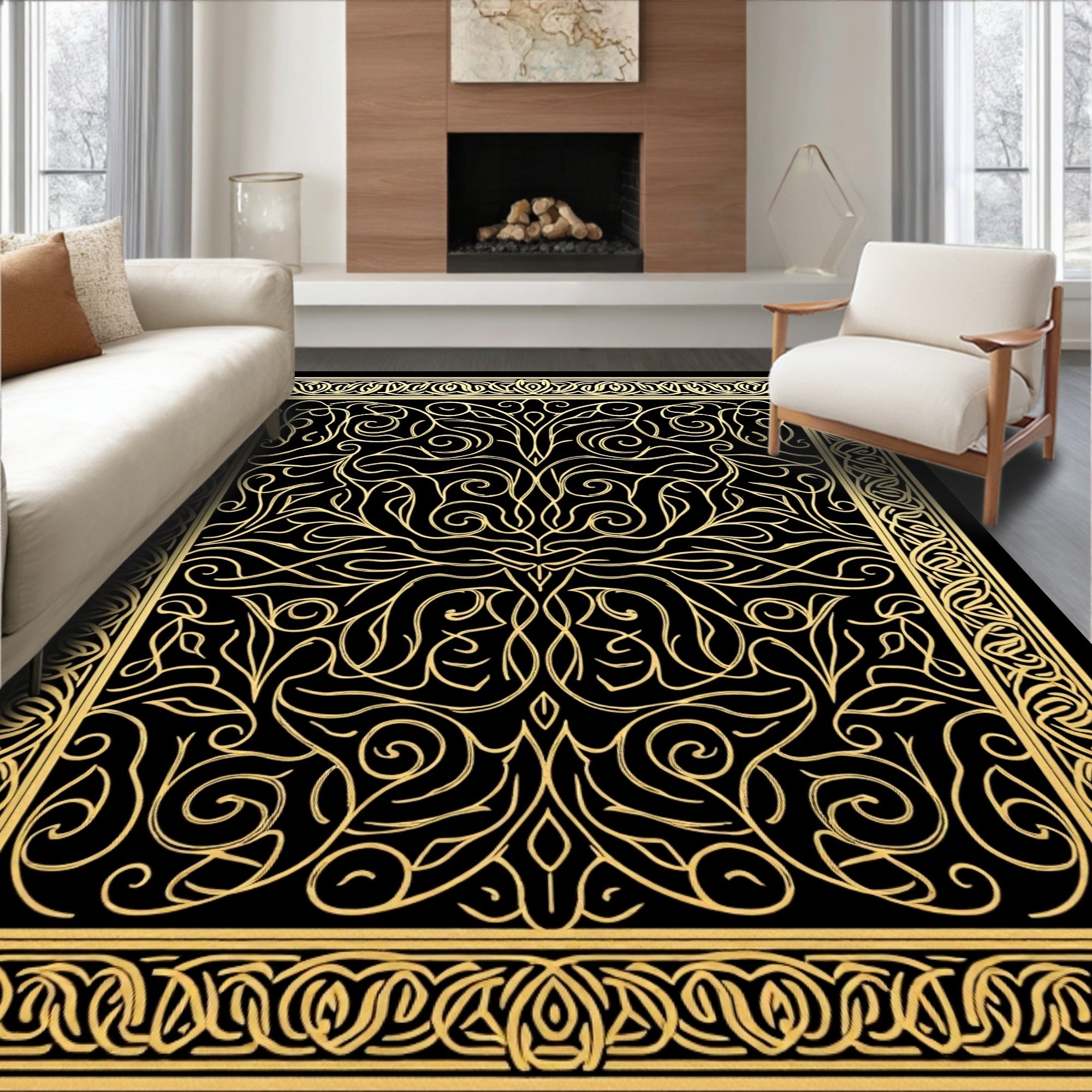 Ornate Black Gold Scroll Art Rug