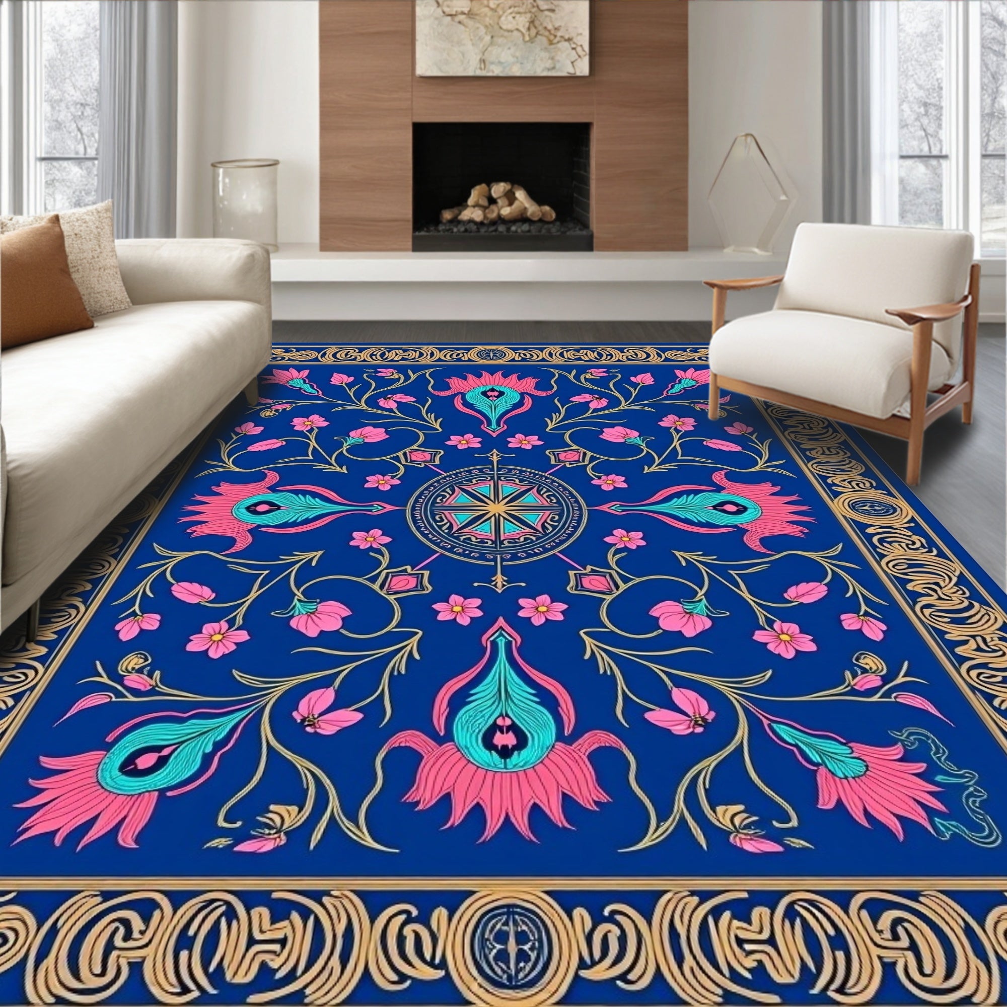 Vibrant Floral Vines Border Design Rug