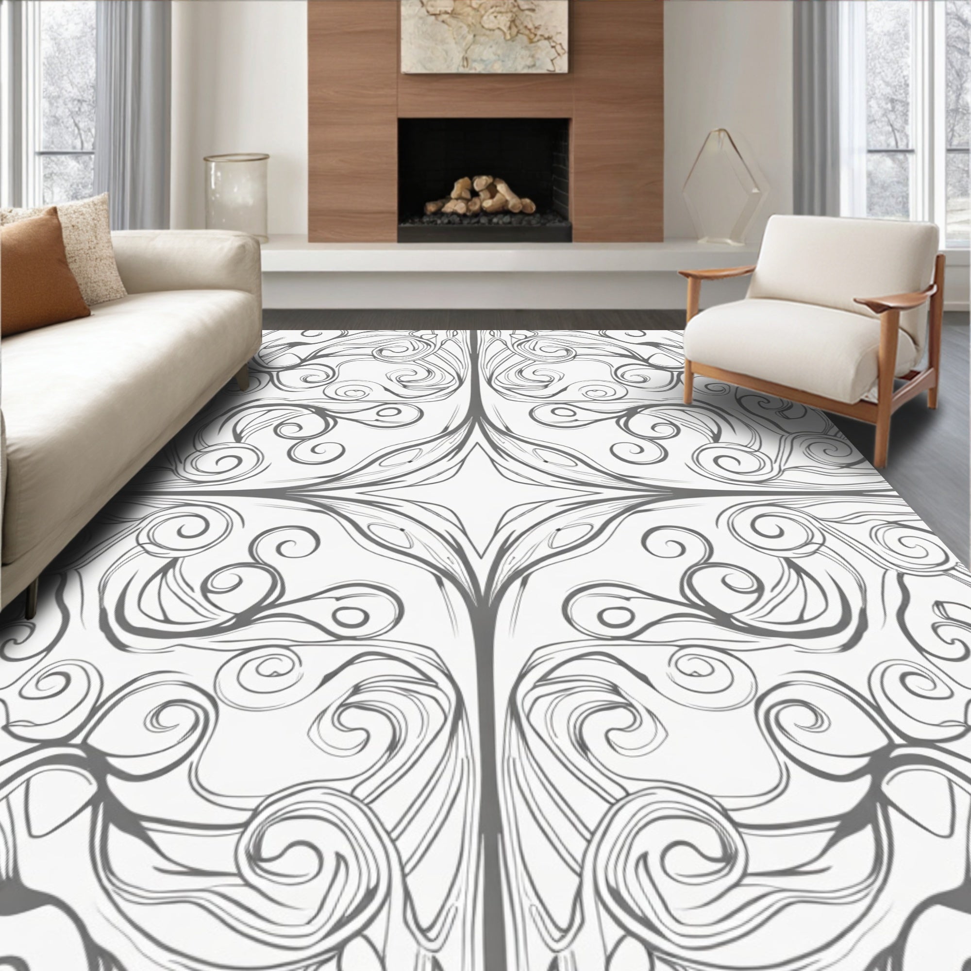 Elegant Swirl Floral Line Art Design Rug