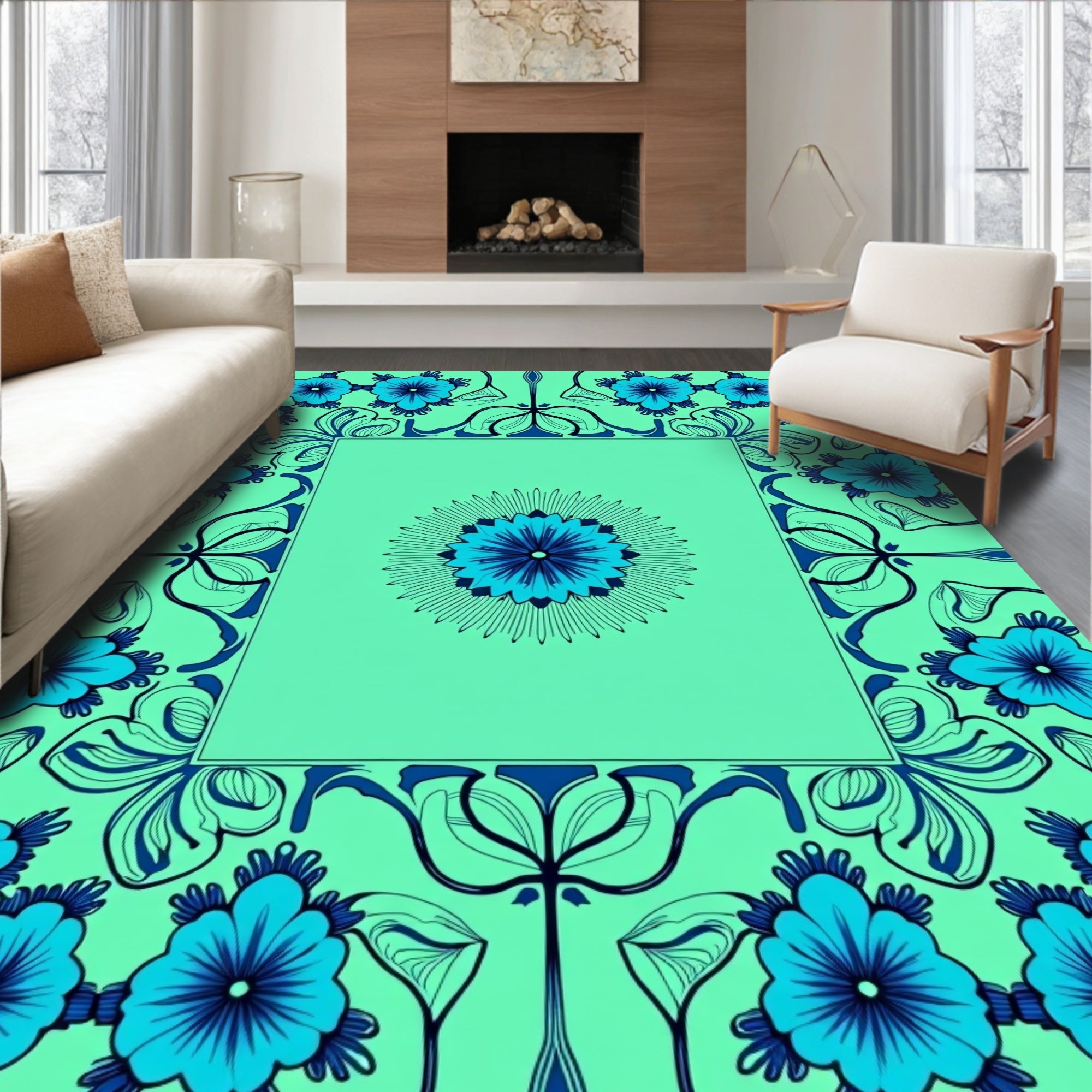 Floral Frame With Central Sunburst Design Rug