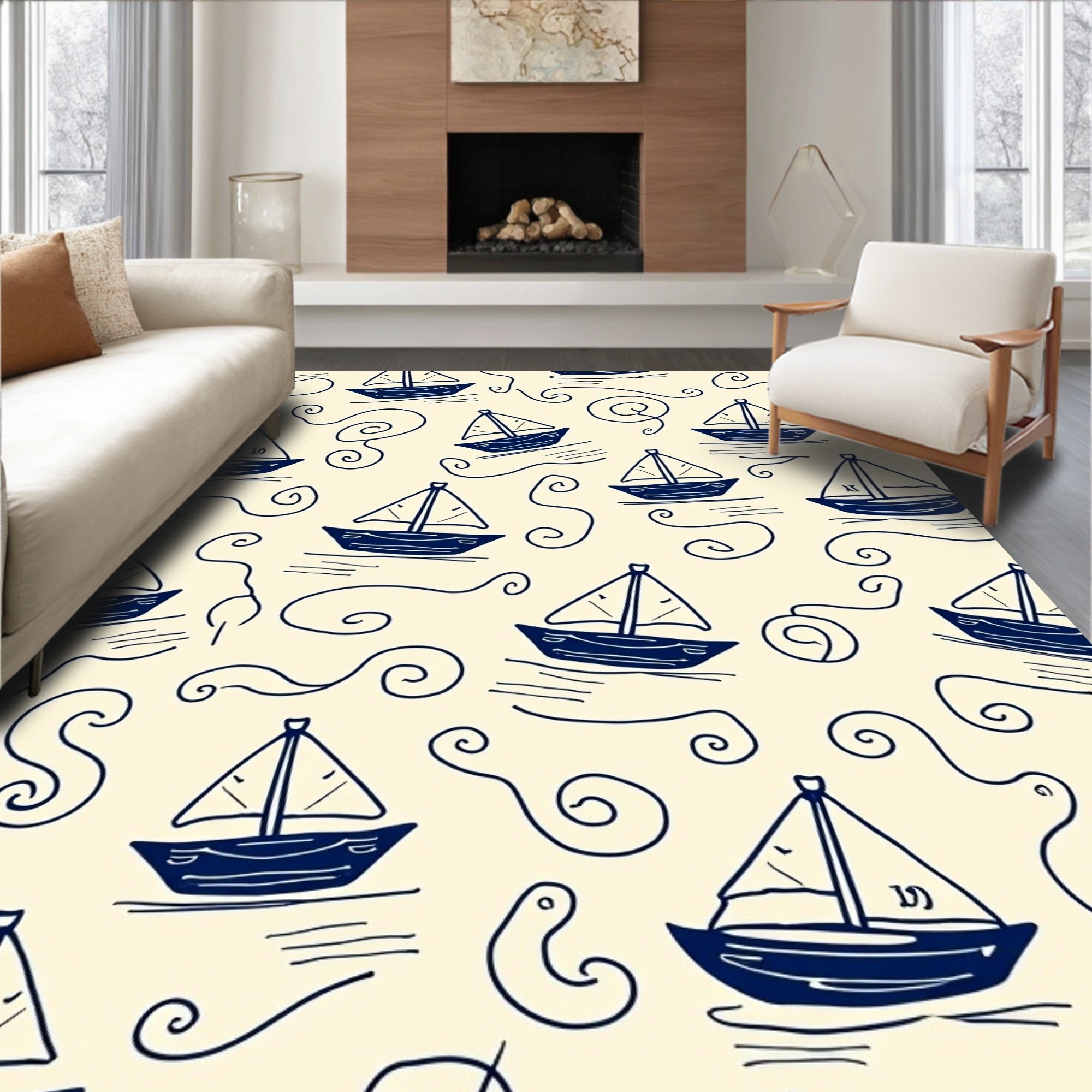 Nautical Sailboat Swirl Pattern Rug