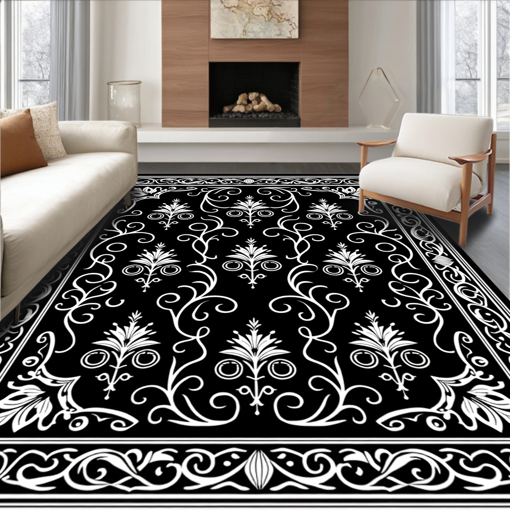 Black White Floral Vine Border Rug