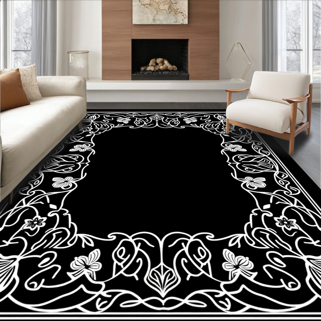 White Floral Vine Border Rug
