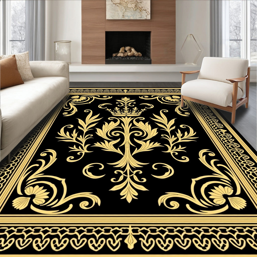 Regal Black Gold Floral Crown Design Rug