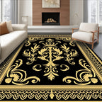 Regal Black Gold Floral Crown Design Rug