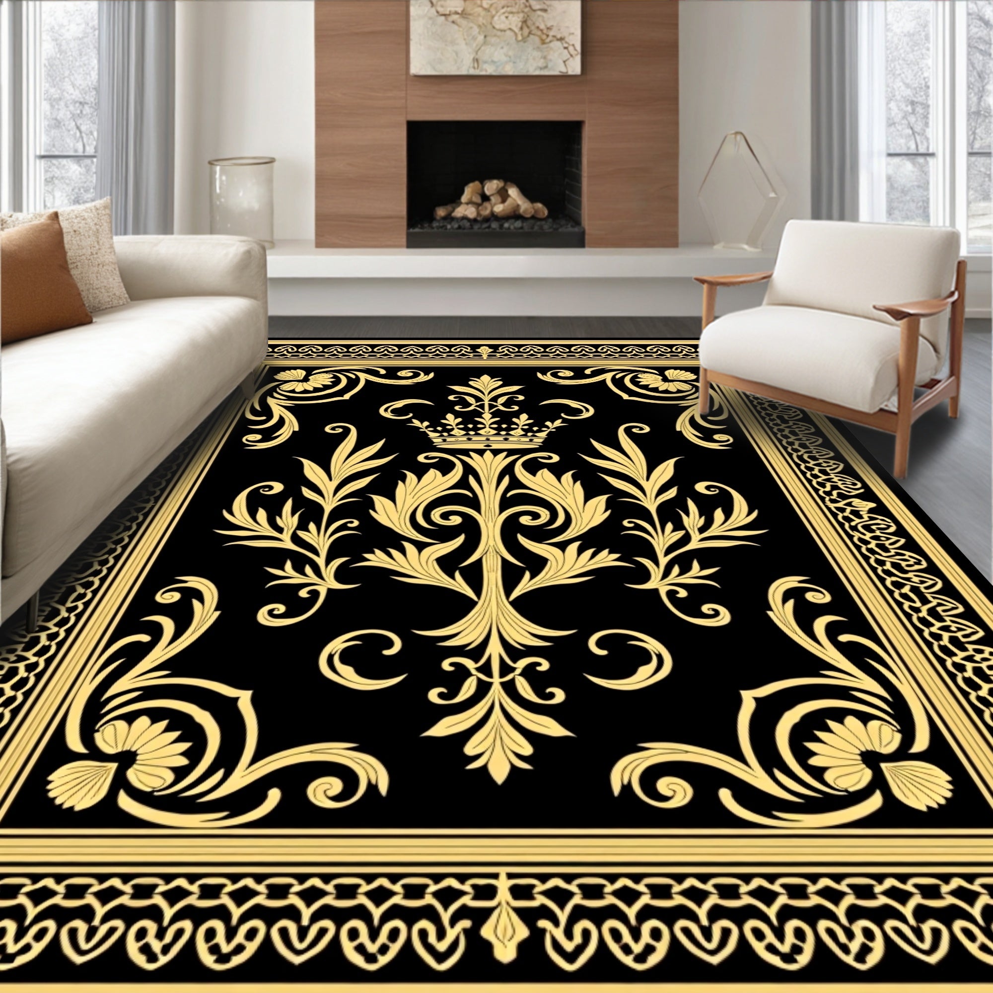 Regal Black Gold Floral Crown Design Rug