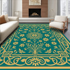 Teal Gold Floral Scroll Vintage Rug